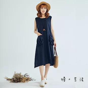 【慢。生活】彈性口袋棉麻連身裙(2色)-F　FREE深藍