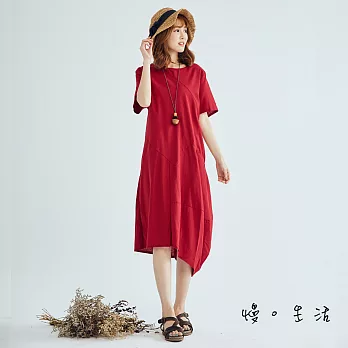 【慢。生活】幾何拼線棉麻連身裙(2色)-F　FREE紅