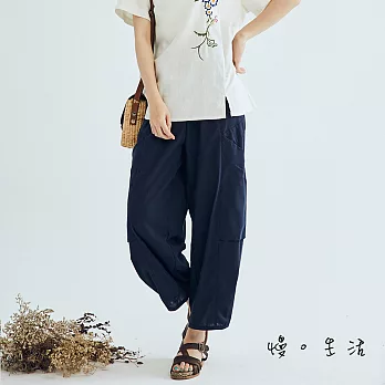【慢。生活】假口袋造型棉麻寬長褲(2色)-F　FREE深藍