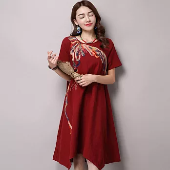 【A.Cheter 】復古印染寬版棉麻長洋裝 042602M紅