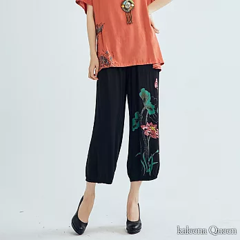 【Kaleena Queen】蓮花印花寬版長褲-F　FREE黑