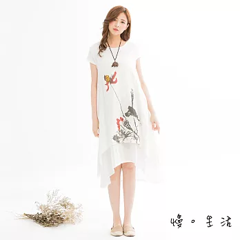 【慢。生活】高雅蓮花層次棉麻連身裙(2色)-F　FREE白