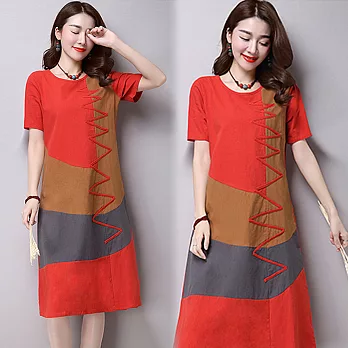【NUMI】森-撞色拼接短袖亞麻連衣裙-共4色(M-2XL可選)2XL橘紅色
