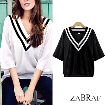 【BR】V領寬鬆五分袖上衣-共2色(XL-3XL可選)2XL黑色
