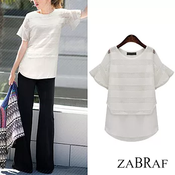 【BR】蕾絲鏤空拼接荷葉袖雪紡衫-共2色(XL-3XL可選)XL白色