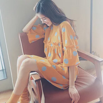 【A.Cheter】棉麻荷葉點點圖騰洋裝 605510005M黃