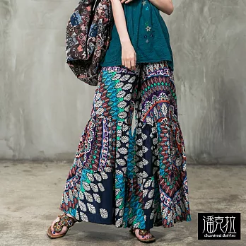 【潘克拉】民族風羽毛印花喇叭褲-F　FREE印花