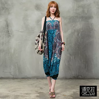 【潘克拉】撞色兩穿綁帶連身飛鼠褲(3色)-F　FREE黑藍