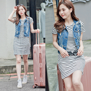 ROSE。雜誌款女孩牛仔背心洋裝組 白系