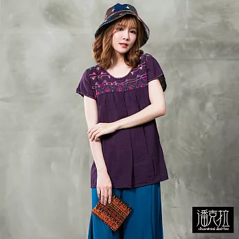 【潘克拉】民族風幾何繡線捲T(5色)-F　FREE紫