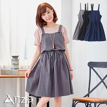 【AnZa】純色棉麻雙釦吊帶裙(3色)FREE鐵灰色