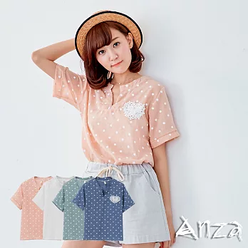 【AnZa】點點小立領棉麻短袖上衣(4色)FREE粉色