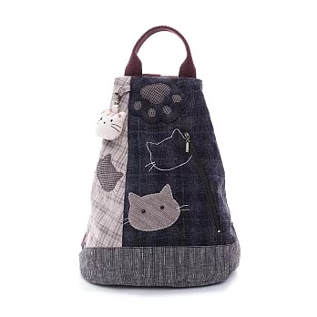 貓咪剪影後背包/附小貓頭吊飾 【610059】藍格紋