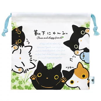 San-X 小襪貓貓朋友幸運草系列束口袋。白色