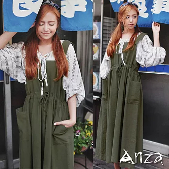 【AnZa】雜誌款棉麻吊帶長裙(3色)FREE軍綠