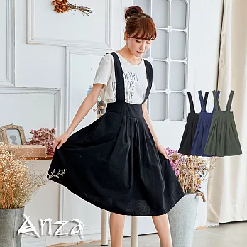 【AnZa】學院風清新棉麻吊帶裙(3色) FREE黑色