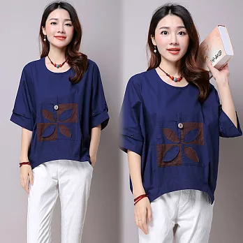 【NUMI】森-寬鬆口袋印花五分袖T恤-共3色(M-2XL可選)L藏青色