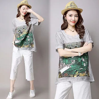 【NUMI】森-寬鬆棉麻清新印花T恤-共3色(M-2XL可選)L灰色