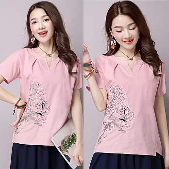 【NUMI】森-復古寬鬆簡約棉麻透氣T恤-共4色(M-2XL可選)XL粉色