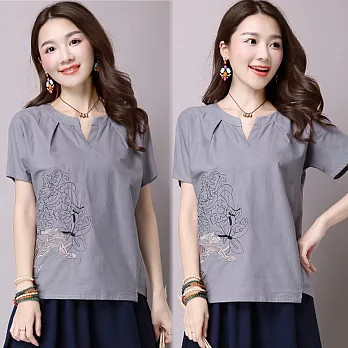 【NUMI】森-復古寬鬆簡約棉麻透氣T恤-共4色(M-2XL可選)XL灰色