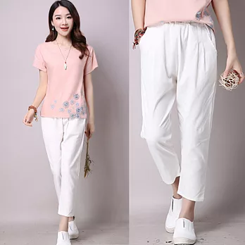 【NUMI】森-休閒純色棉麻九分褲-共三色(M-2XL可選)M白色