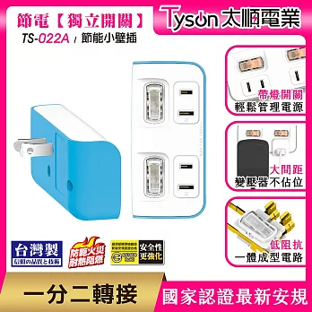 Tyson太順電業 TS-022A 2切2座 2P便利型 節能小壁插碧藍