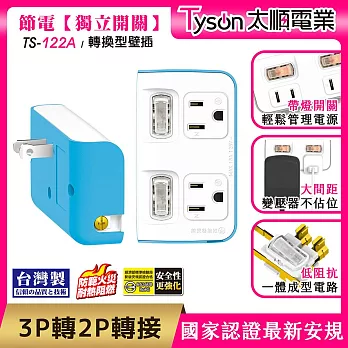 Tyson太順電業 TS-122A 2切2座 3P變2P轉換型 節能小壁插碧藍