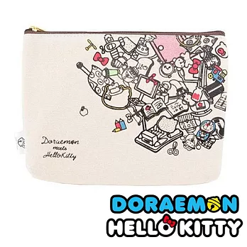 【日本進口正版】哆啦a夢 x Hello Kitty 聯名款-秘密道具 帆布化妝包/筆袋/收納包