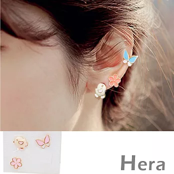 【Hera】赫拉 小雞蝴蝶小花無耳洞耳環/耳扣/耳骨夾-2色(三顆入)-粉色