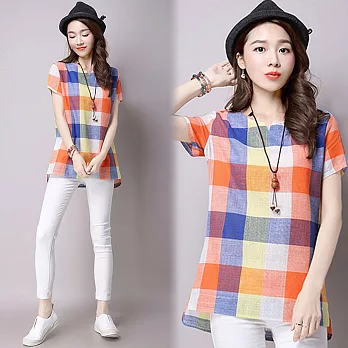 【NUMI】森-大格子綿麻文藝短袖上衣-共3色(M-2XL可選)M橘色格