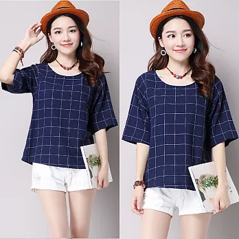 【NUMI】森-棉麻透氣格子文藝圓領短袖T(M-2XL可選)L藏青色