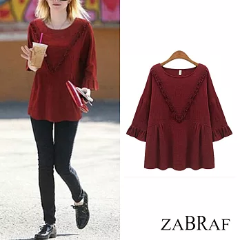 【BR】圓領七分袖百搭寬鬆流蘇上衣-共3色(M-XL可選)M紅色