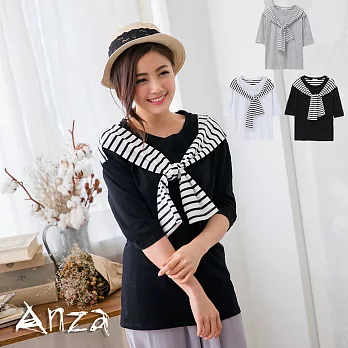 【AnZa】飾條紋領圓領短袖上衣(3色)FREE黑色
