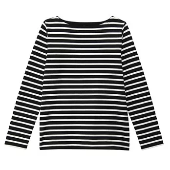 [MUJI無印良品]女有機棉粗織橫紋長袖T恤S黑橫紋