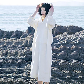 素白已然-原創設計白色帶帽純棉連衣裙文藝範原創毛邊寬鬆連衣裙-M白