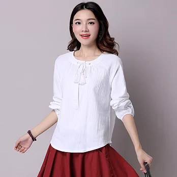 【A.Cheter】棉麻感流蘇墜飾圓領長袖上衣605220067XL白