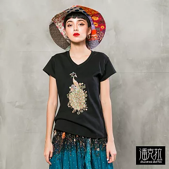 【潘克拉】手工串珠孔雀短T(2色)-F　FREE黑