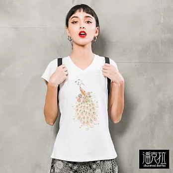 【潘克拉】手工串珠孔雀短T(2色)-F　FREE白