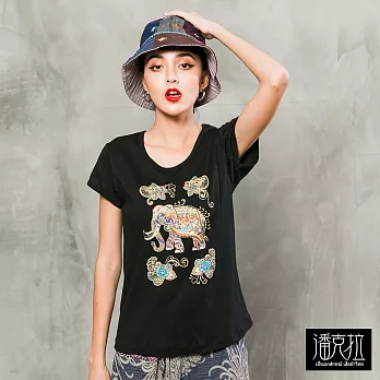 【潘克拉】手工串珠大象短T(2色)-F　FREE黑