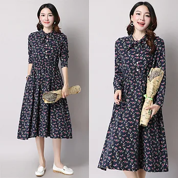 【NUMI】森-復古碎花立領收腰顯瘦連衣裙-共2色50311(M-2XL可選)L藏青色