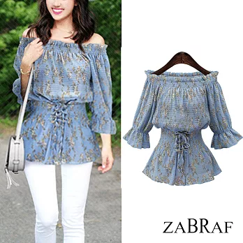 【BR】一字領收腰荷葉邊碎花連衣裙(M-XL可選)80646XL藍色