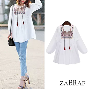 【BR】時尚民族風刺繡中長款顯瘦襯衫(M-XL可選)80647XL白色