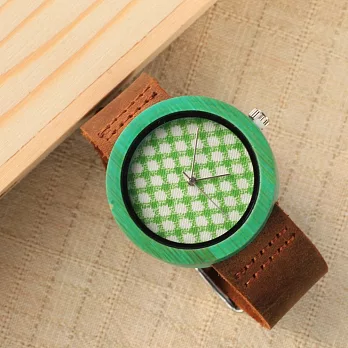 大森竹子真皮錶木錶‧森趣系列‧圓框綠格紋錶面