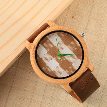 大森竹子真皮錶木錶‧森趣系列‧圓弧框咖啡色格紋錶面