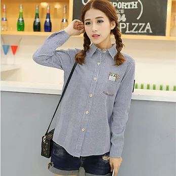 【A.Cheter】棉麻感細條紋口袋貓咪長袖襯衫605130005L藍