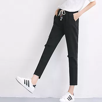 【MsMore】刷破造型鬆緊腰頭九分褲655320001L黑