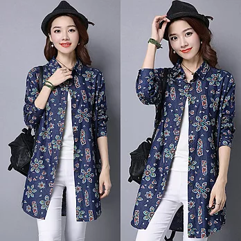 【NUMI】森-印花圖騰牛仔長版襯衫-共2色50348(M-2XL可選)L藏青色