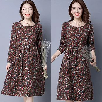 【NUMI】森-圓領經典小碎花連衣裙-共2色50346(M-2XL可選)M褐色