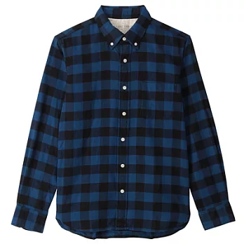 [MUJI無印良品]男有機棉法蘭絨格紋扣領襯衫XS藍色