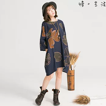 【慢。生活】東瀛風印花棉麻連身裙(2色)-F　FREE金魚